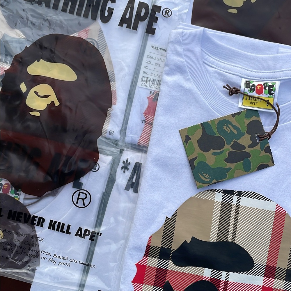 Bape White Tee with Plaid Ape Graphic